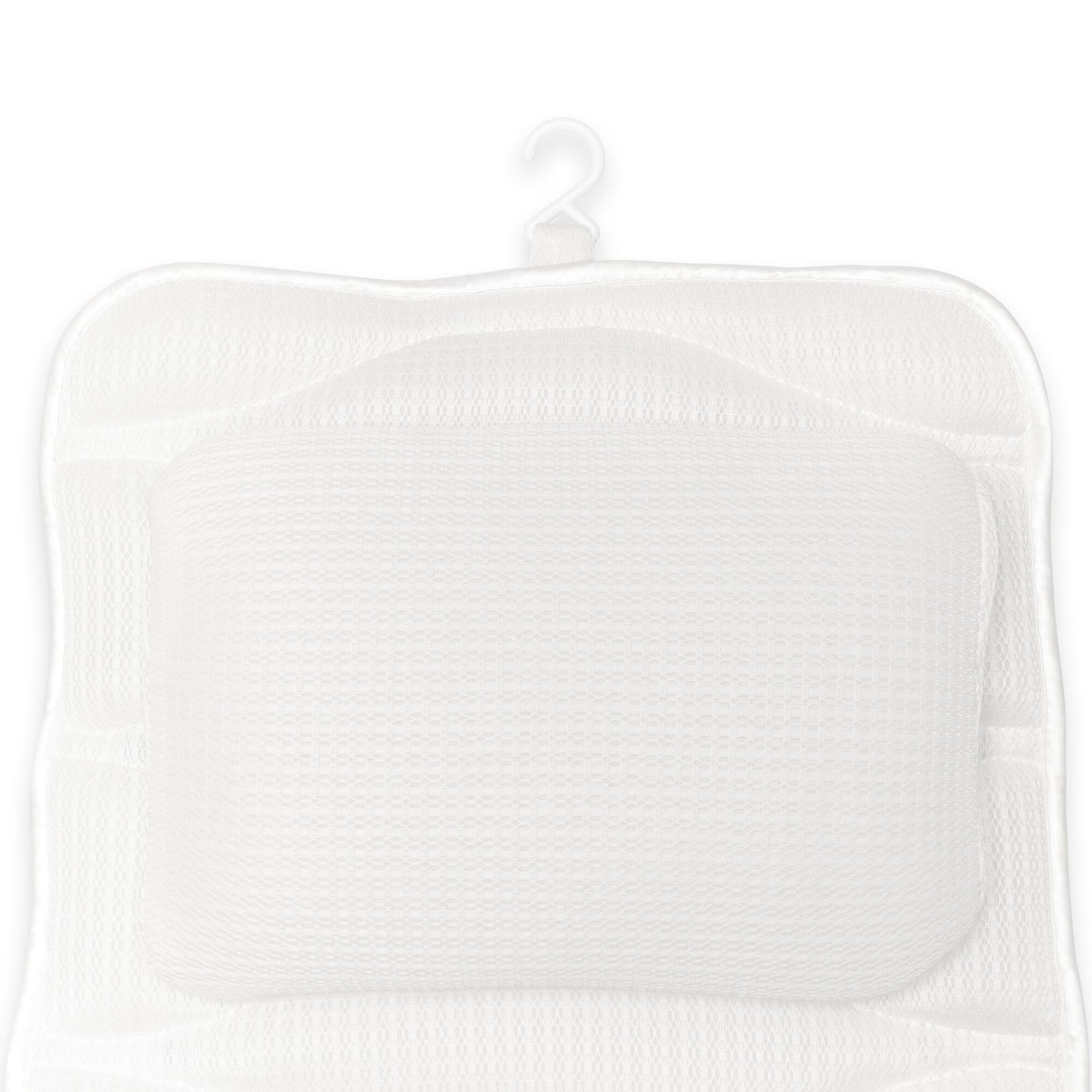 The Rio Luxury Bath Mat & Pillow features a white mesh pillow with a hanging hook, rectangular shape, and textured surface for comfort and quick drying—perfect for relaxing soaks. Displayed on a white background.
