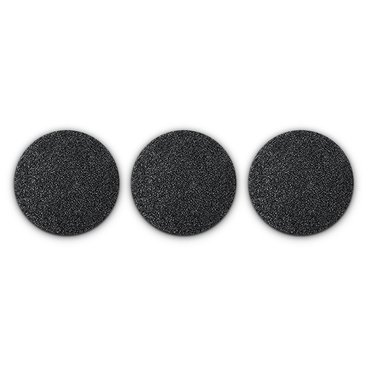 Three black, round abrasive discs—Go Smooth Replacement Heads by Rio (Pack of 3)—for your electric foot file are arranged in a horizontal row on a white background.