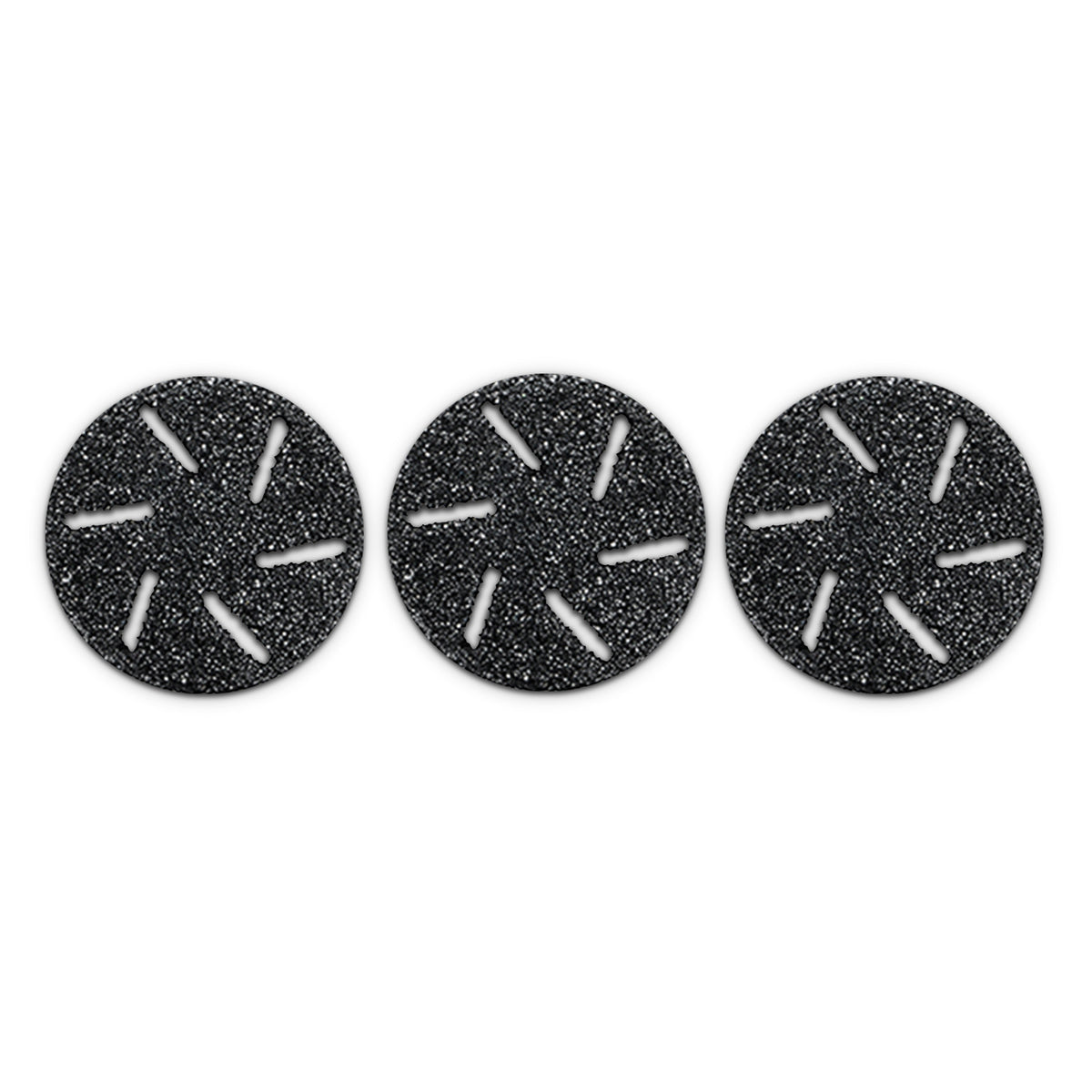 Three Rio Go Smooth Replacement Heads – Pack of 3 – are shown in a horizontal row on a white background; each black round head features six evenly spaced slotted cut-outs and fits the PEDI 5 electric foot file.