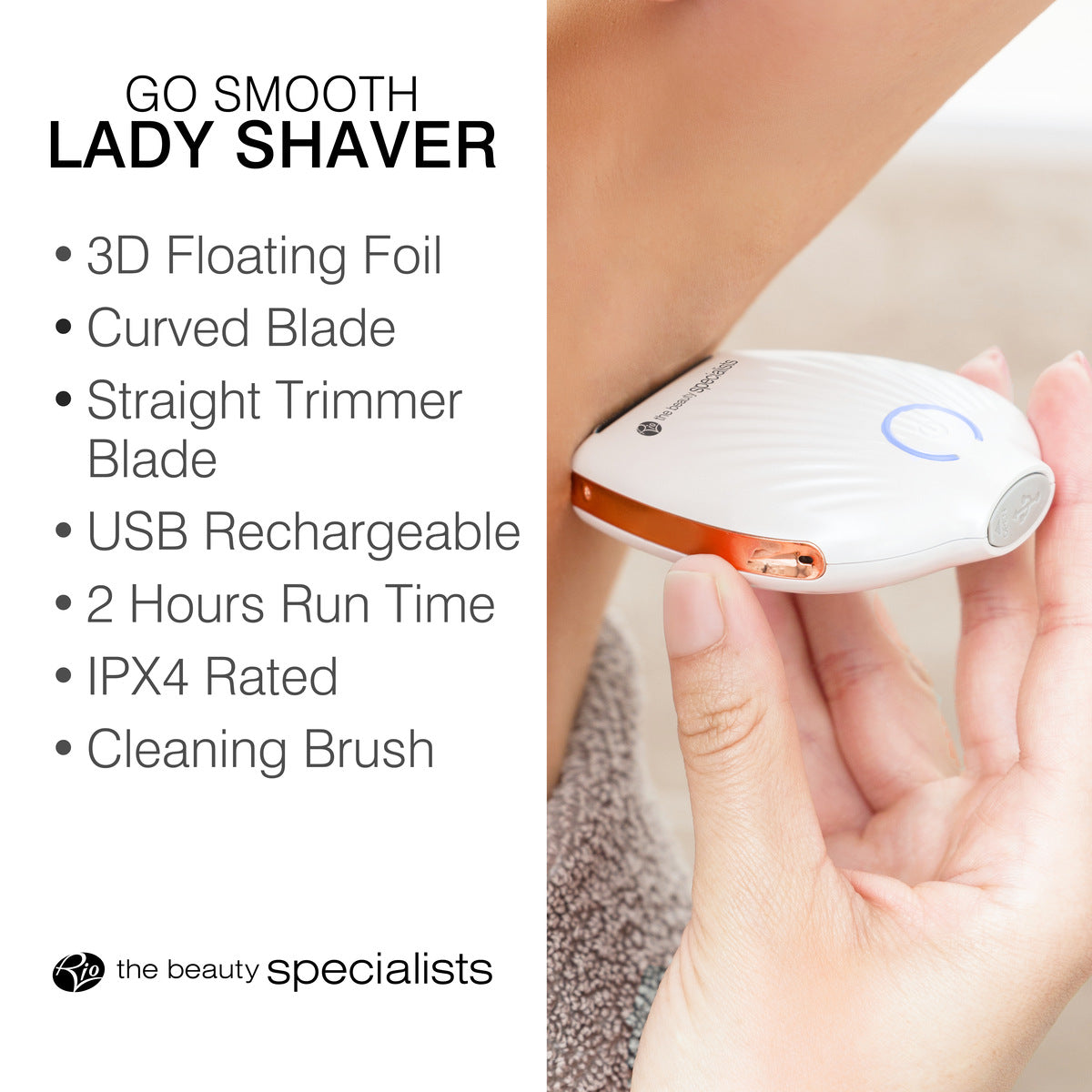 A person uses the white, handheld Rio GO SMOOTH Lady Shaver on their leg. Listed features include 3D foil, curved blade, USB rechargeable design, and more for effortless shaving.