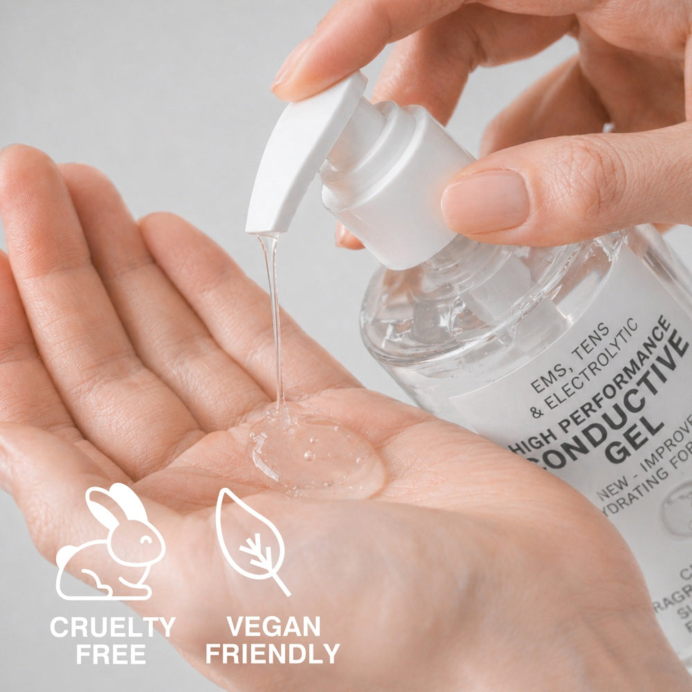 A person dispenses Rio EMS, TENS, Electrolytic and Micro-Current Toning Conductive Gel 2 X 250ml onto their palm from a clear bottle. The cruelty-free, vegan-friendly gel works perfectly for EMS toning or any micro-current system.