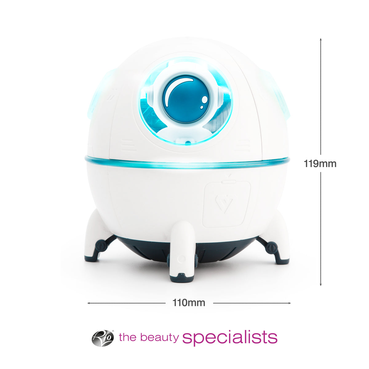 A white, spherical Rio Spaceship Explorer Childs Essential Oil Diffuser, Humidifier and Night Light (119mm high x 110mm wide) with blue lights is shown on a white background. The Beauty Specialists logo is below the image.