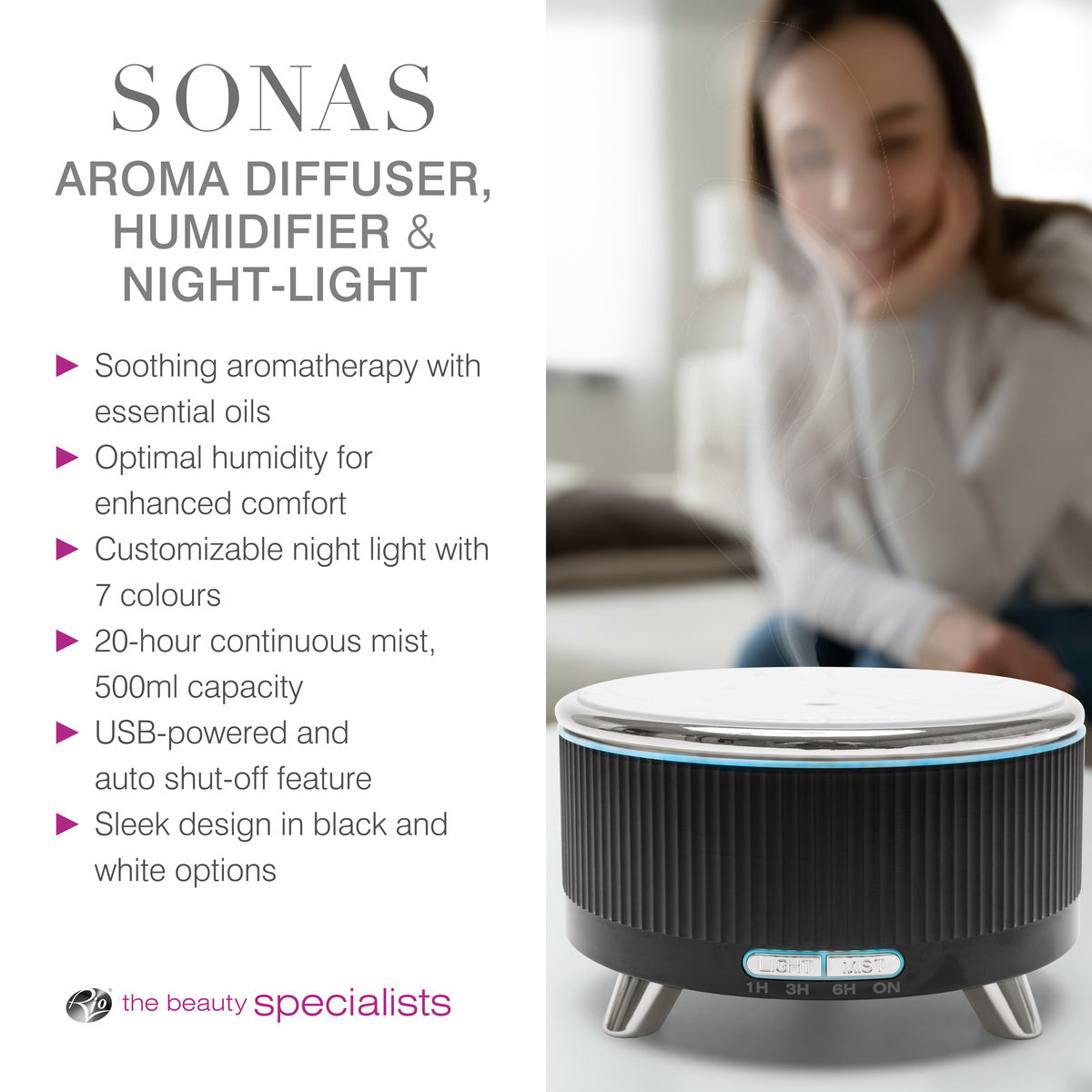A smiling woman sits behind a black and white Rio SONAS Aroma Diffuser, Humidifier & Night-Light, featuring aromatherapy with essential oils, LED mood lights, mist modes, USB power, and a sleek design.