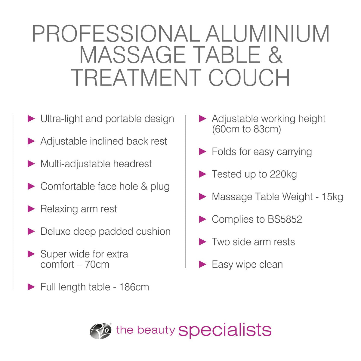 The Rio Professional Aluminium Massage Table & Treatment Couch features adjustable height, deep padded cushion, face hole, side arm rests, and a wipe-clean surface—ideal for at-home massage or use as a treatment couch.