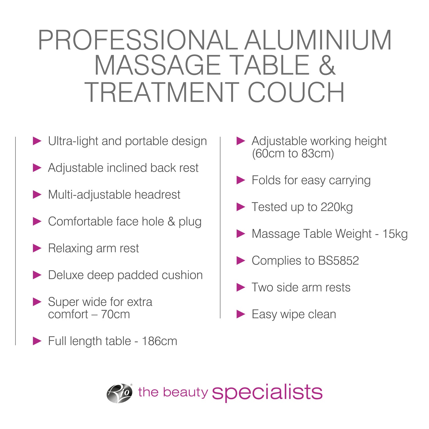 The Rio Professional Aluminium Massage Table & Treatment Couch features adjustable height, deep padded cushion, face hole, side arm rests, and a wipe-clean surface—ideal for at-home massage or use as a treatment couch.