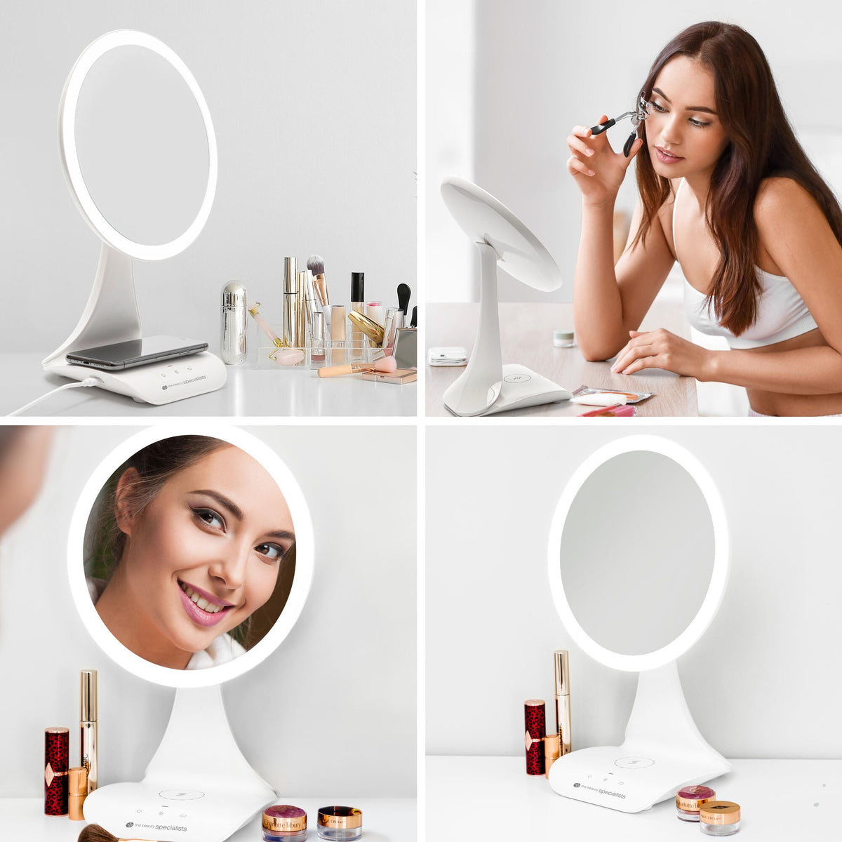 A woman uses the Rio 5x magnification LED makeup mirror with wireless charging station at her vanity, surrounded by cosmetics. Close-ups showcase her reflection, the Rio mirror alone, and nearby beauty products.
