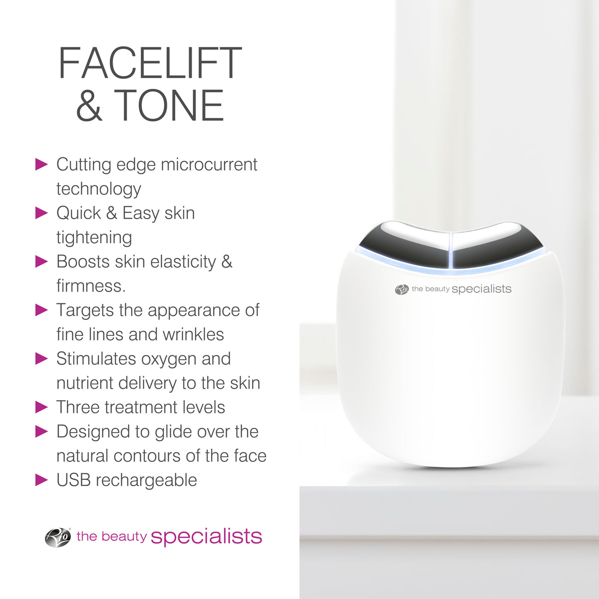 A white Rio Face Lift & Tone Facial Toner sits on a table, with text listing anti-aging features like skin tightening, improved elasticity, wrinkle targeting, and USB rechargeability under “Facelift & Tone.”.