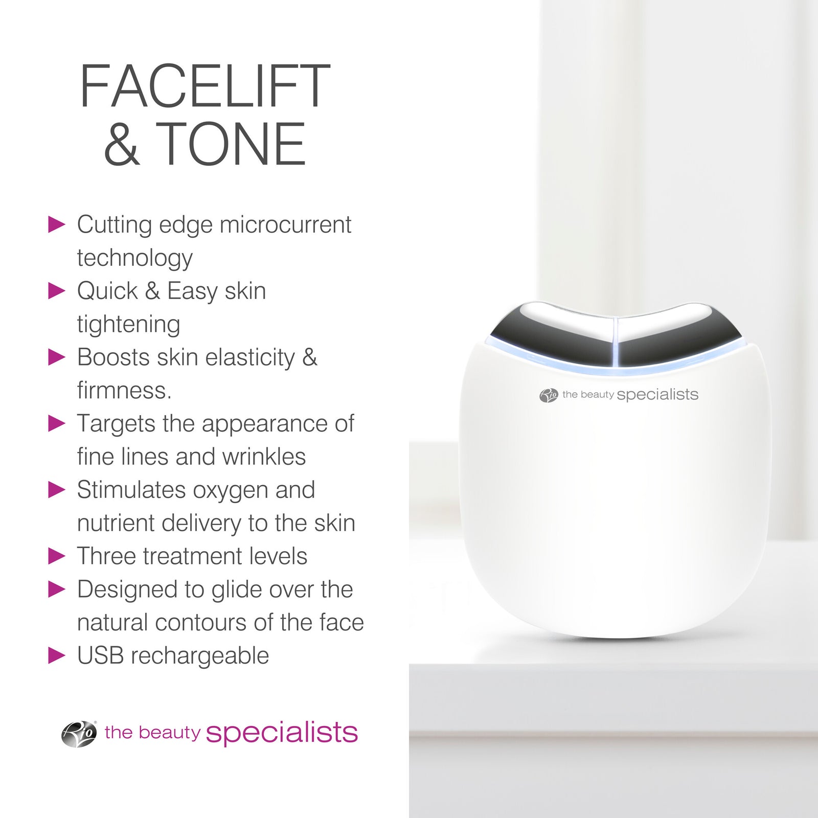 A white Rio Face Lift & Tone Facial Toner sits on a table, with text listing anti-aging features like skin tightening, improved elasticity, wrinkle targeting, and USB rechargeability under “Facelift & Tone.”.