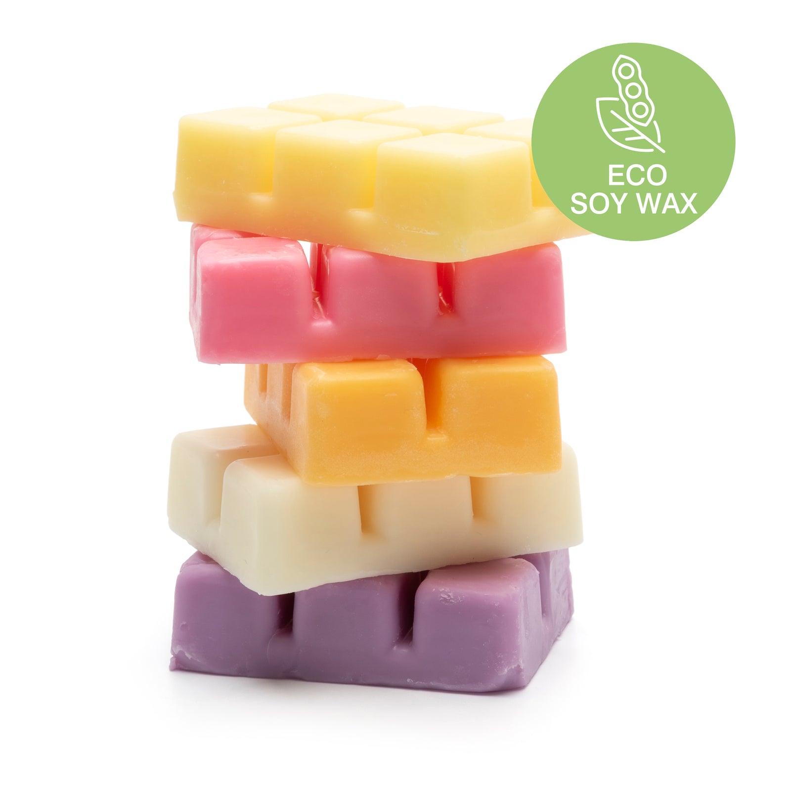 Five colorful Scented Soy Wax Melts by Rio stacked together (yellow, pink, orange, white, purple). A green label reads ECO SOY WAX with a soy plant icon—ideal for your favorite wax burners. Pack includes 5 fragrances.
