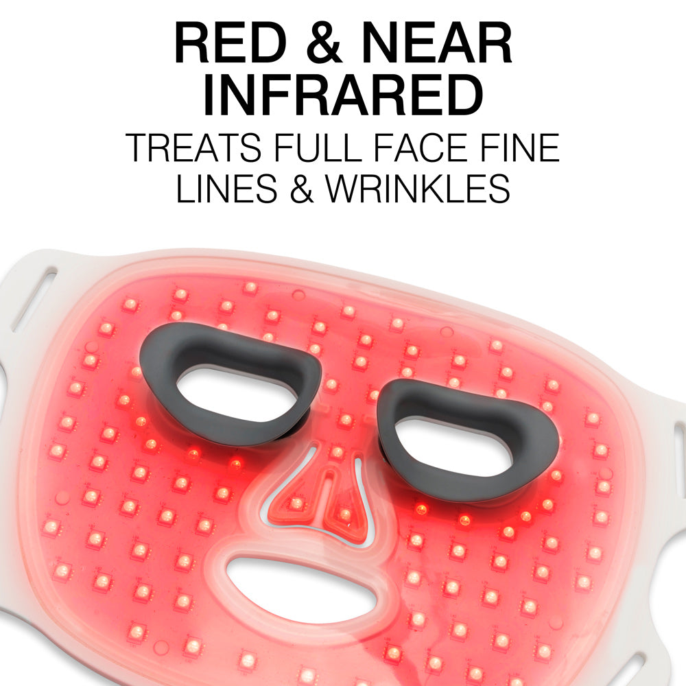 The Rio LED Face Mask by Rio features eye, nose, and mouth cutouts. Red & Near Infrared light therapy helps reduce fine lines and wrinkles for effective anti-ageing and a more youthful appearance.