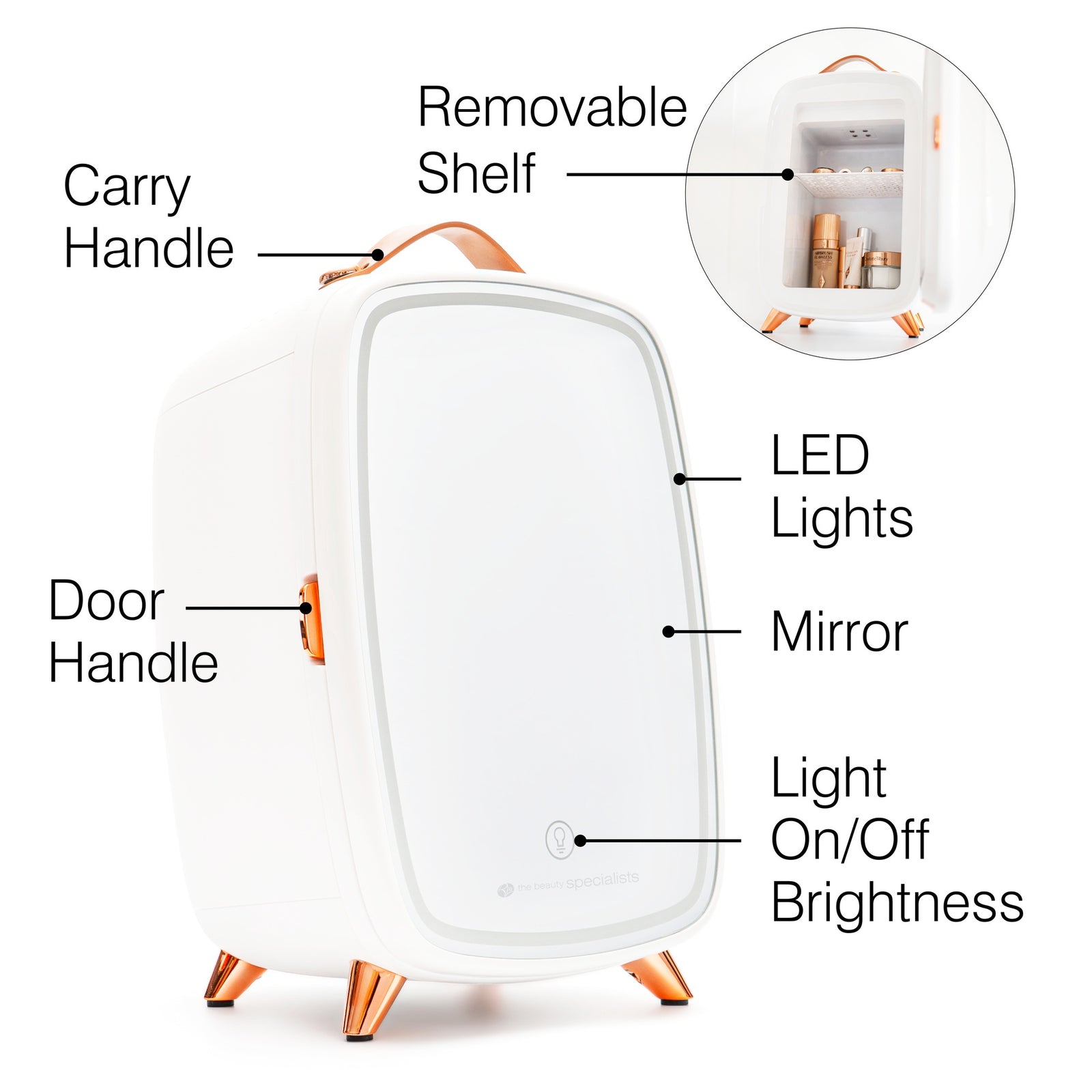 The Rio Beauty Skincare Fridge With Mirror is a compact white fridge with rose gold accents, LED-lit mirror, removable shelf, and carry handle—perfect for cosmetics and creams. Includes on/off & brightness button for chill beauty storage anywhere.