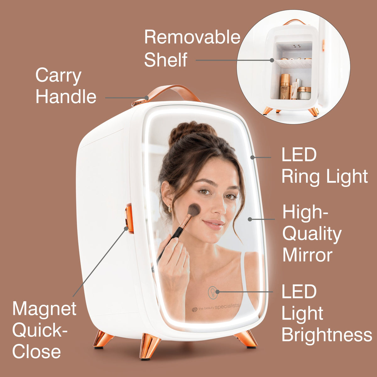 The Rio Beauty Skincare Fridge With Mirror is a compact white vanity fridge featuring a mirrored front and LED lighting, ideal for chilled storage of cosmetics and creams. Stylish and functional, it includes a carry handle, removable shelf, high-quality mirror, and a magnet quick-close door—perfect for your beauty routine.