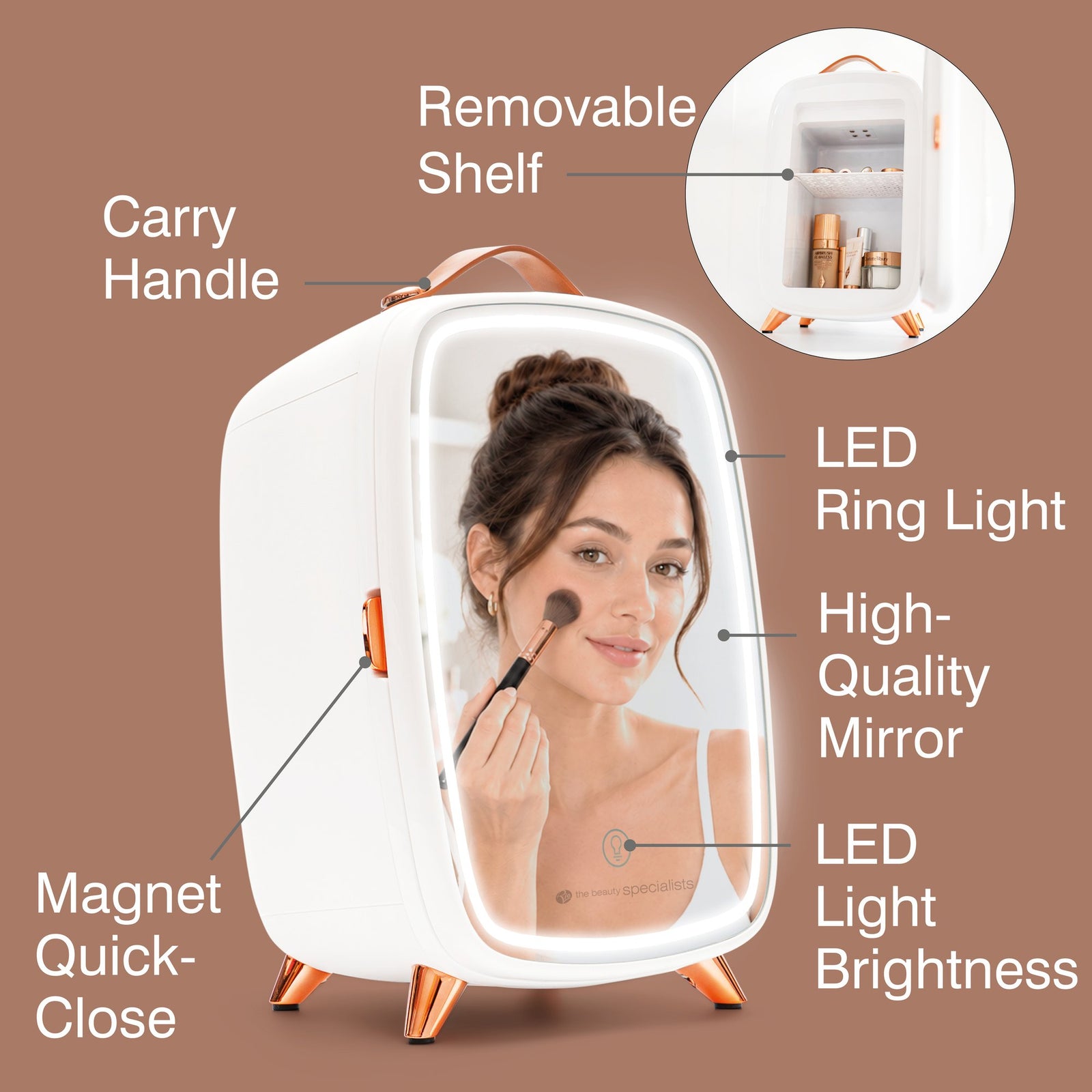 The Rio Beauty Skincare Fridge With Mirror is a compact white vanity fridge featuring a mirrored front and LED lighting, ideal for chilled storage of cosmetics and creams. Stylish and functional, it includes a carry handle, removable shelf, high-quality mirror, and a magnet quick-close door—perfect for your beauty routine.
