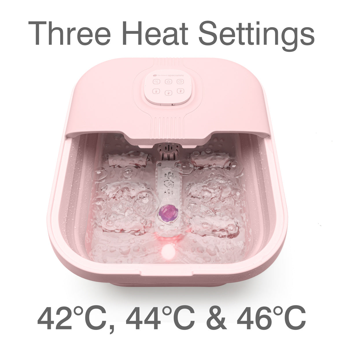 Foot bath with adjustable heat settings at 42°C, 44°C, and 46°C for personalized spa experience.
