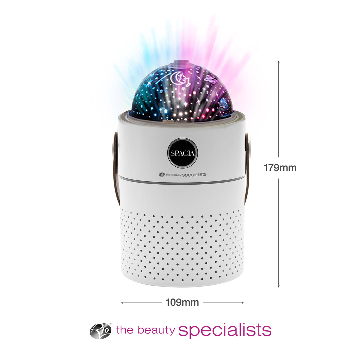 The Rio Galaxy Projector Childrens Essential Oil Diffuser, Humidifier, and Night Light is a white cylindrical device (179mm x 109mm) with perforations that projects colorful lights from its dome. The Rio logo is visible on the device.
