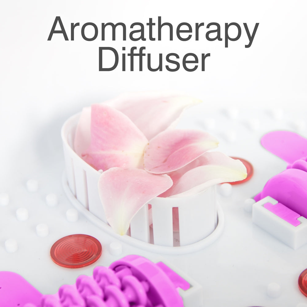 Close-up of the Rio Deluxe Foot Spa Bath and Massager in purple, filled with pink rose petals and paired with red rubber pads. Perfect for a luxury foot spa experience. Text above reads "Aromatherapy Diffuser.
