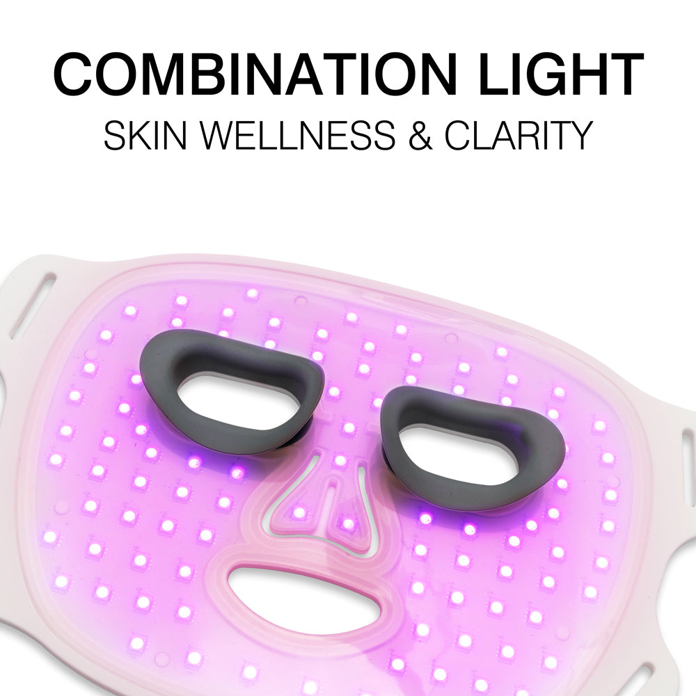 The Rio LED Face Mask by Rio, featuring eye and mouth cutouts and glowing purple LEDs, is shown below the text: COMBINATION LIGHT - ANTI-AGEING, SKIN WELLNESS & CLARITY.