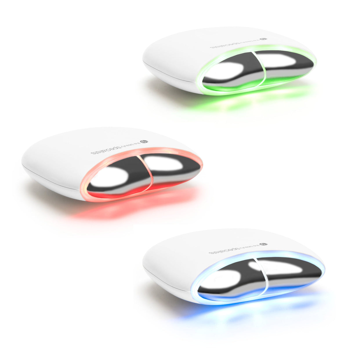 Three identical Rio Face Lift & Tone Facial Toner devices with glossy black openings, each glowing green, red, and blue, are shown on a white background—perfect for skin toning and anti-aging.