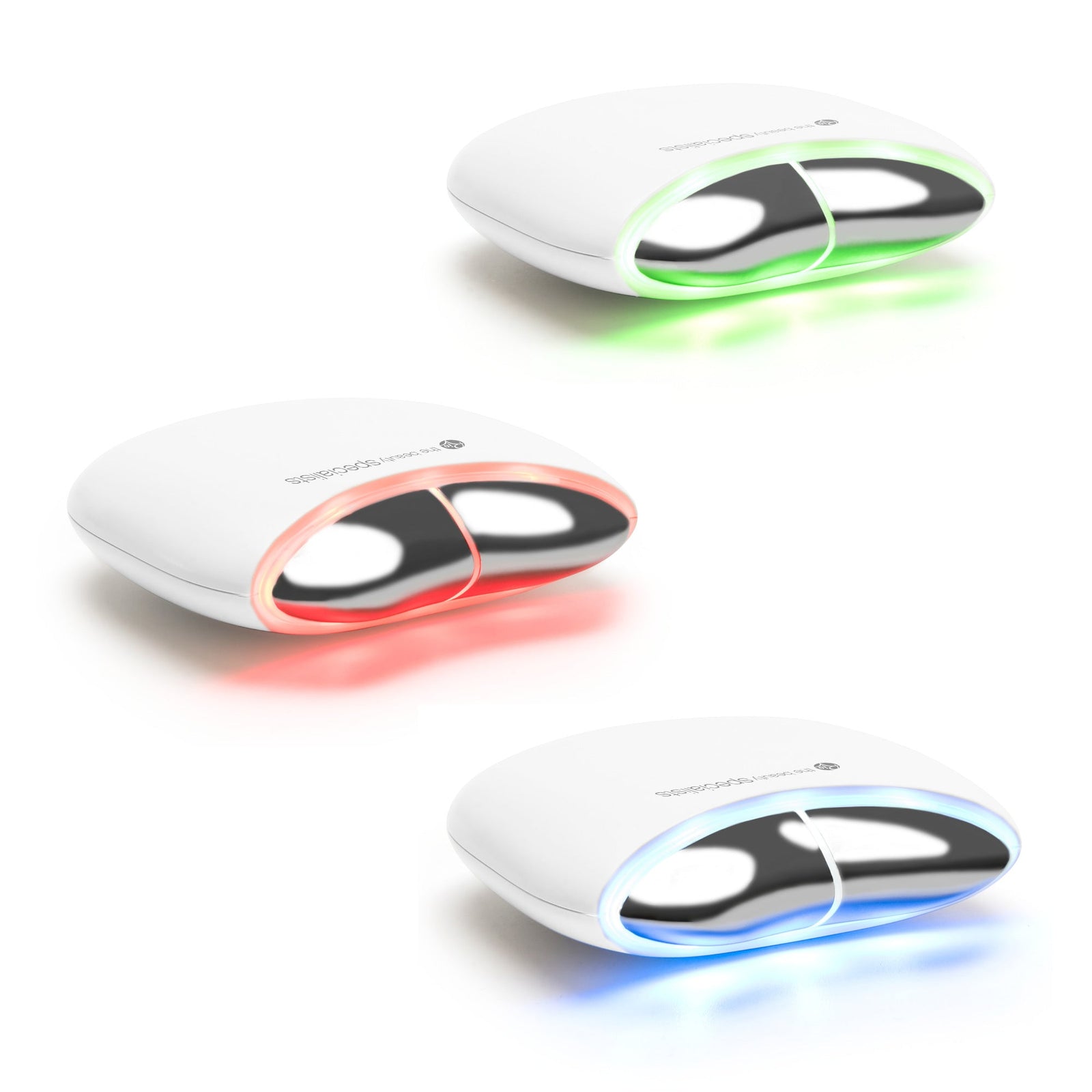 Three identical Rio Face Lift & Tone Facial Toner devices with glossy black openings, each glowing green, red, and blue, are shown on a white background—perfect for skin toning and anti-aging.