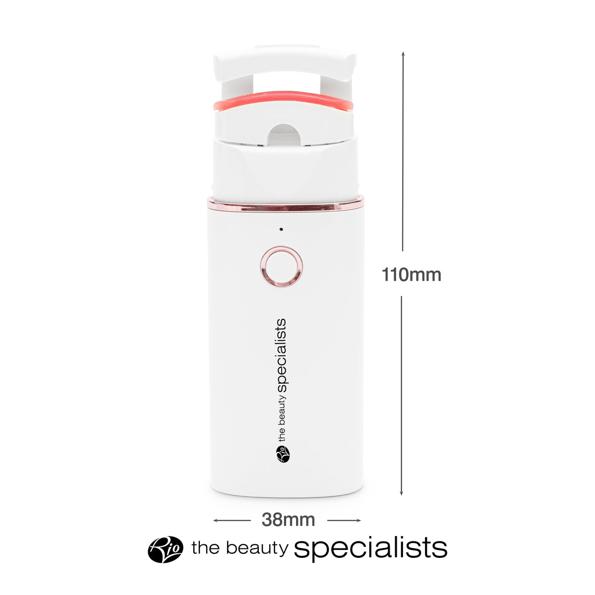 The WOW Lash Heated Eyelash Curler by Rio is a white device, 110mm tall and 38mm wide, with a circular front button and rose gold top accent—ideal for beautifully curled lashes.