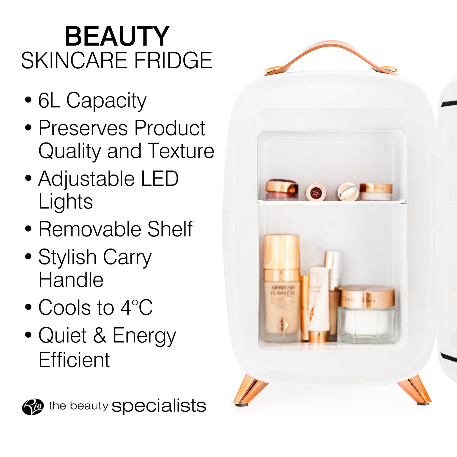 The Rio Beauty Skincare Fridge With Mirror is a compact white fridge with rose gold accents. Open shelves display chilled cosmetics and creams. Features include 6L capacity, 4°C cooling, LED lights, a removable shelf, and portable design.