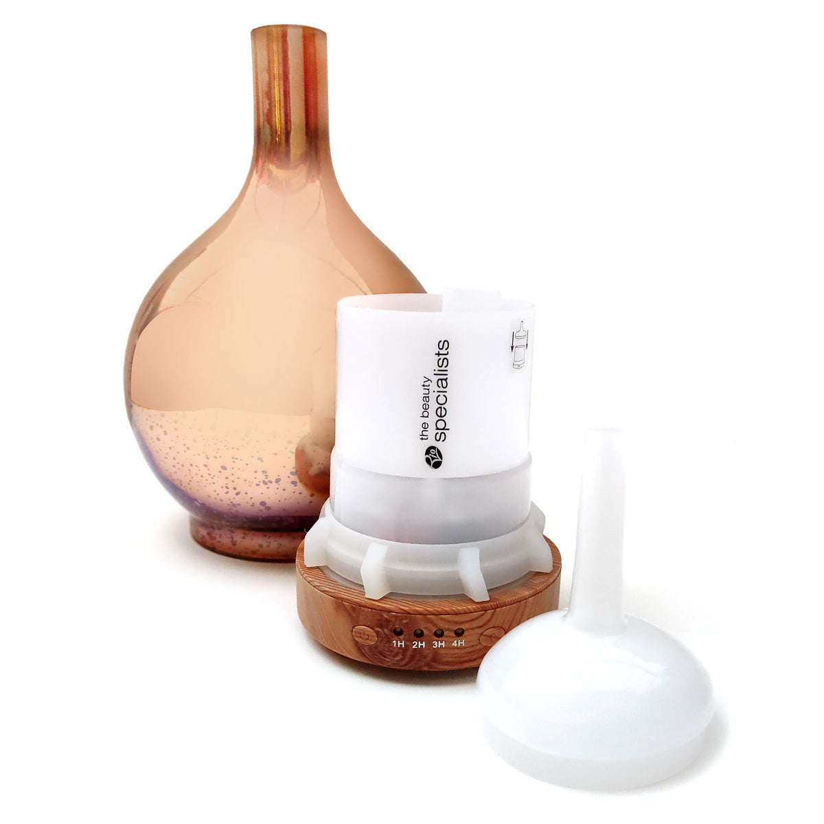 The ELLA Aroma Diffuser, Humidifier, and Night-Light by Rio features a stylish glass cover, white plastic chamber labeled Relaxation Specialists, wood-look base with buttons, and a funnel—ideal for creating a soothing atmosphere.