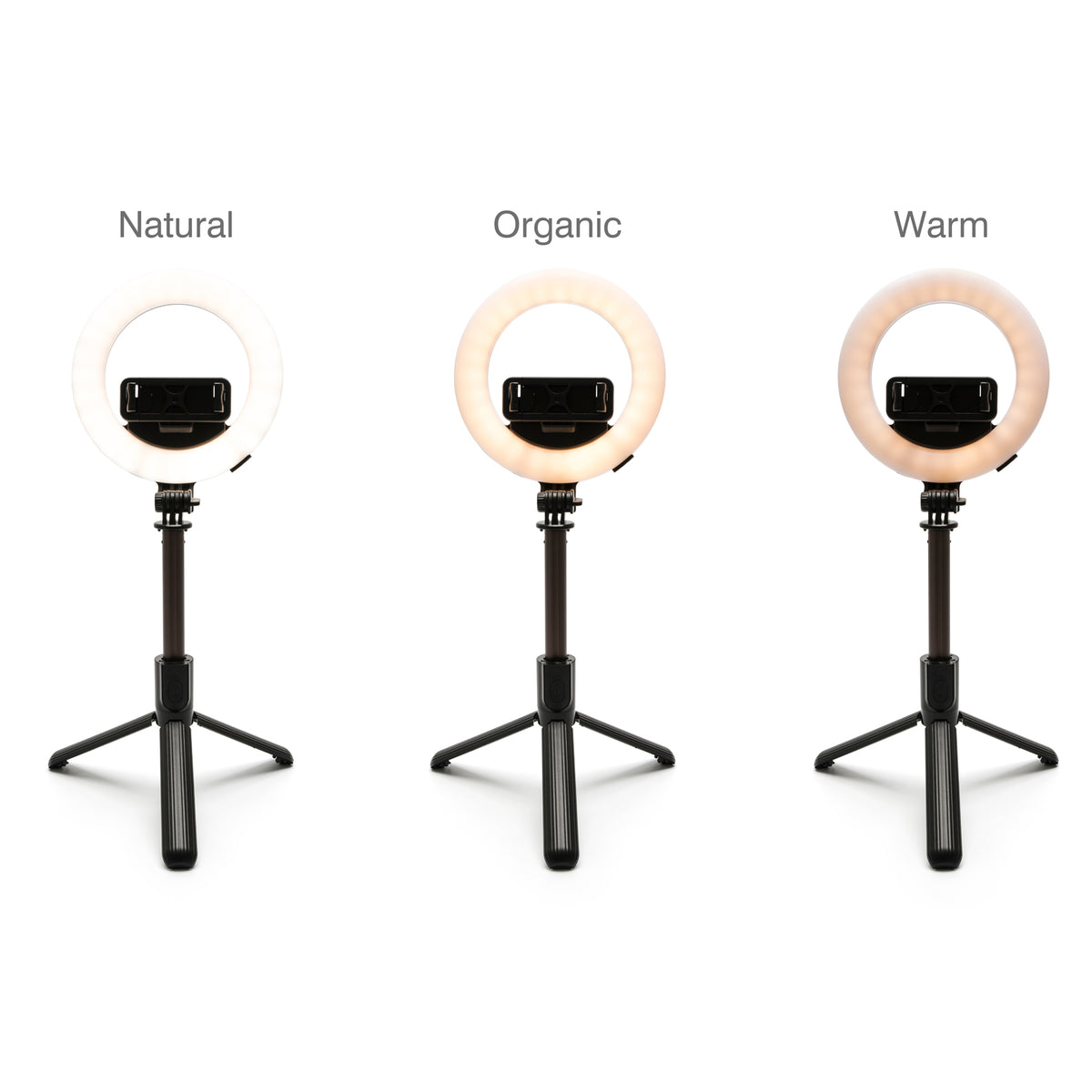 The Rio GlamourGlow Pro Beauty & Vlogging Ring Light features adjustable color temps—Natural (cool white), Organic (neutral), and Warm (yellow)—on tripods with phone holders, perfect for makeup or vlogging.