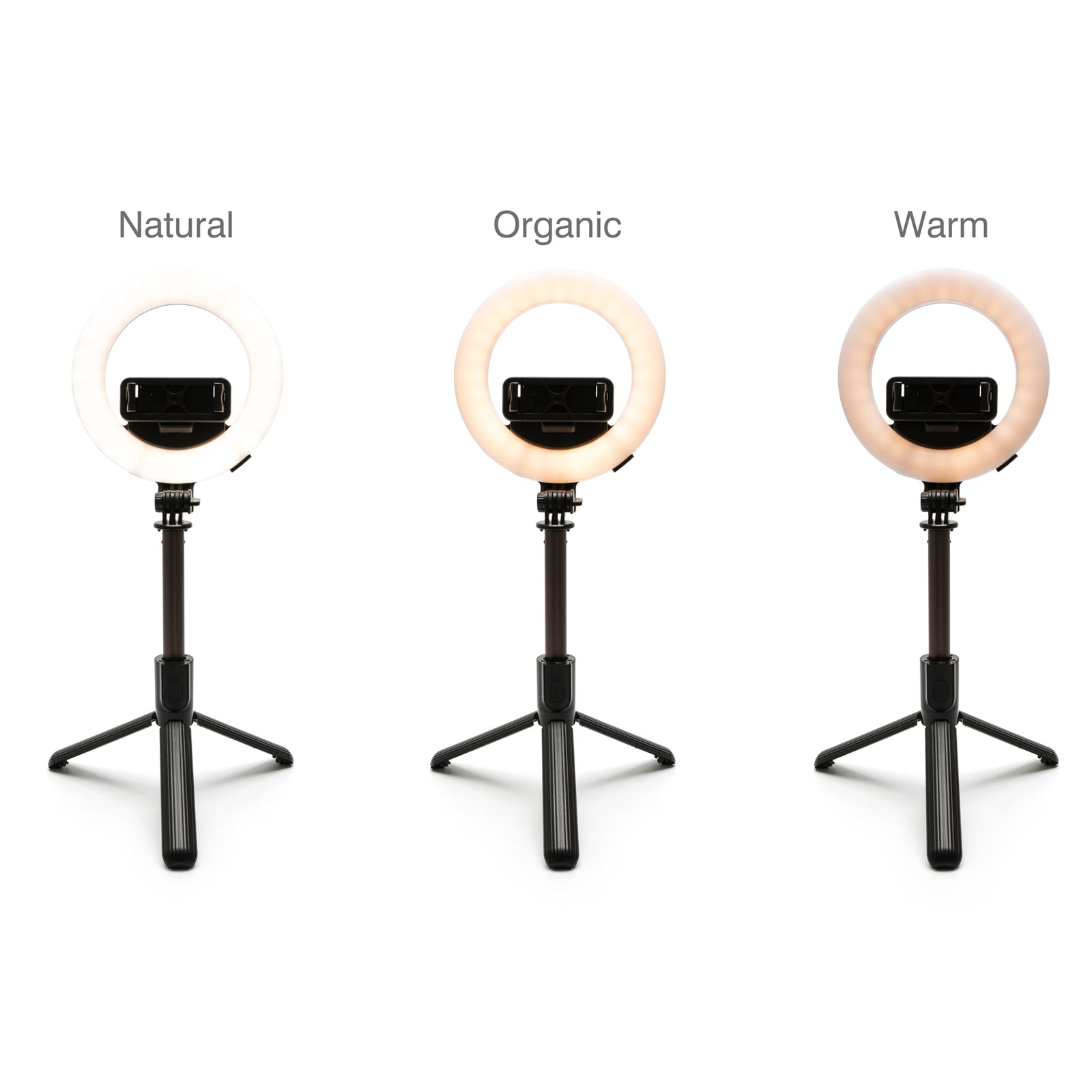 The Rio GlamourGlow Pro Beauty & Vlogging Ring Light features adjustable color temps—Natural (cool white), Organic (neutral), and Warm (yellow)—on tripods with phone holders, perfect for makeup or vlogging.