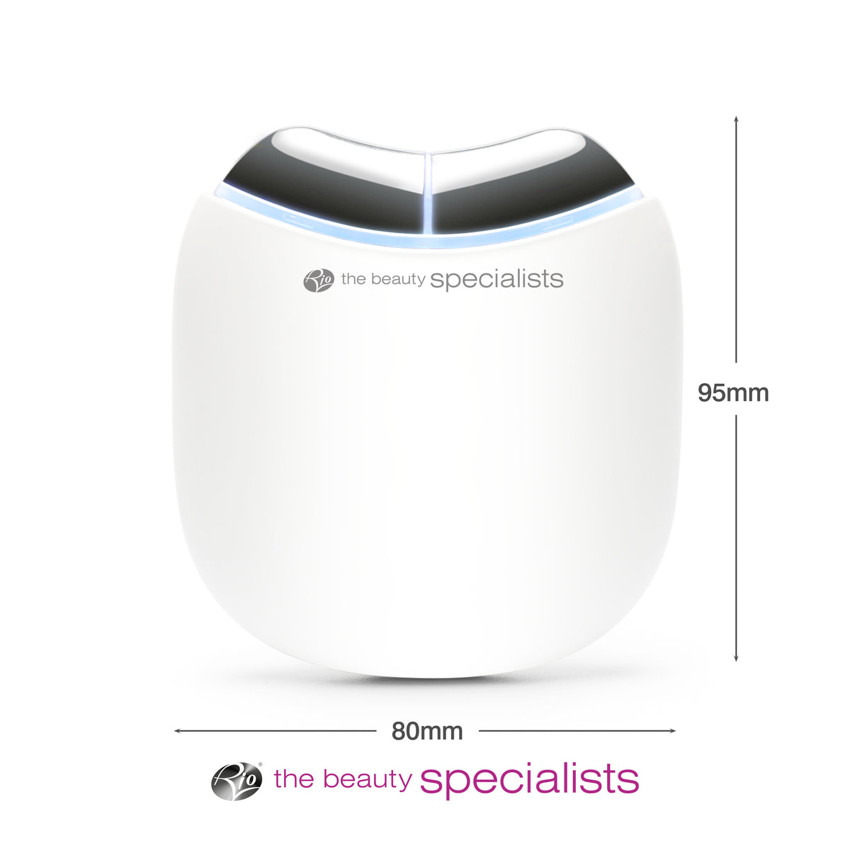 The Rio Face Lift & Tone Facial Toner is a white, oval device with black accents, 95mm tall and 80mm wide. the beauty specialists appears on the front and lower part of the image. Perfect for skin toning and anti-aging routines.