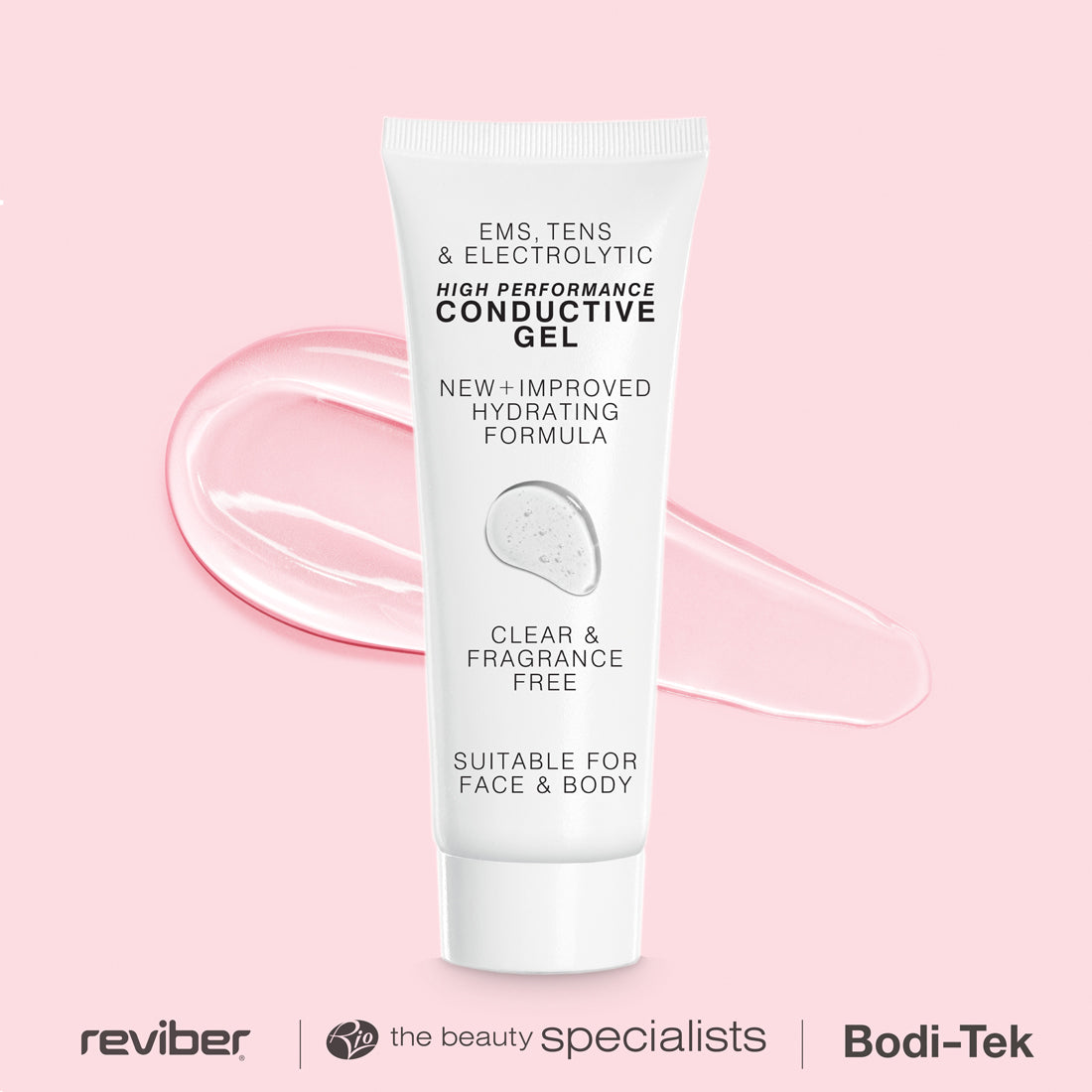 A white tube of Rio EMS, TENS, Electrolytic and Micro-Current Toning Conductive Gel 85ml stands upright on a pink background with a gel smear behind it. Clear, fragrance-free, and suitable for face and body. Reviber, Specialists, and Bodi-Tek logos below.