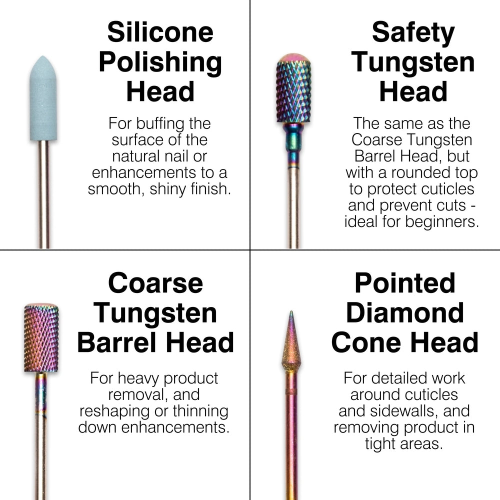A labeled image displays four nail drill bits—blue silicone polishing, safety tungsten, coarse tungsten barrel, and pointed diamond cone—designed for the DIY enthusiast using the Rio Salon Pro Electric Nail File & Drill.