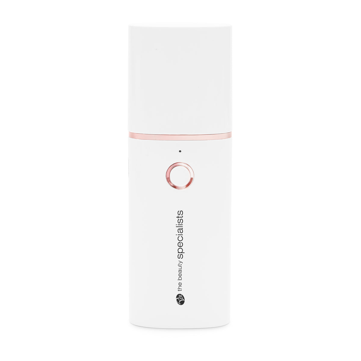 The WOW Lash Heated Eyelash Curler by Rio is a sleek white rectangular device with a rose gold circular button and an indicator light above it. the beauty specialists is printed vertically on the lower half—perfect for beautiful lashes.