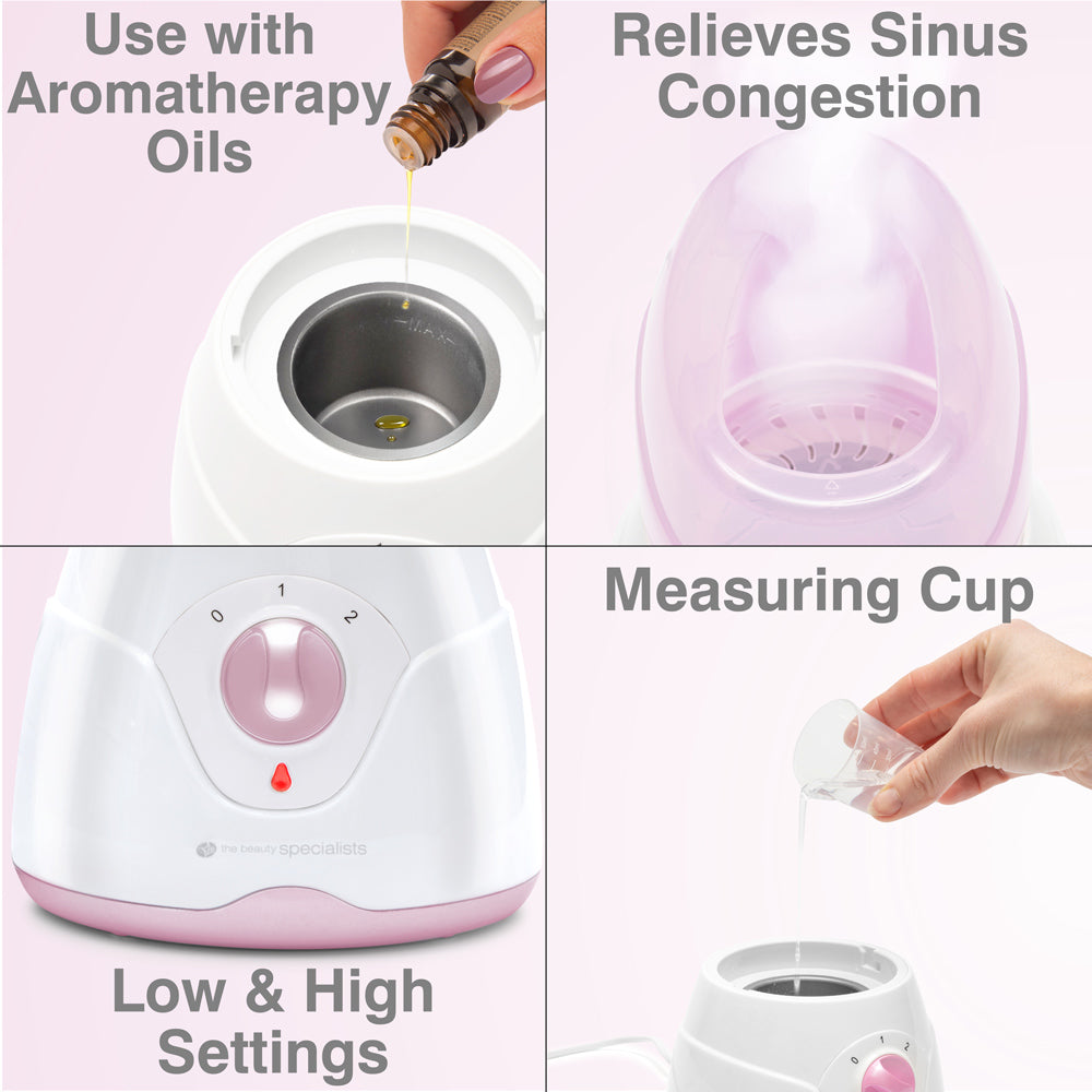 Four-panel image: Top left, Rio Facial Sauna Skincare with Steam Inhaler (pink) filled with aromatherapy oil; top right, device emits steam; bottom left, close-up of settings; bottom right, adding liquid with measuring cup.