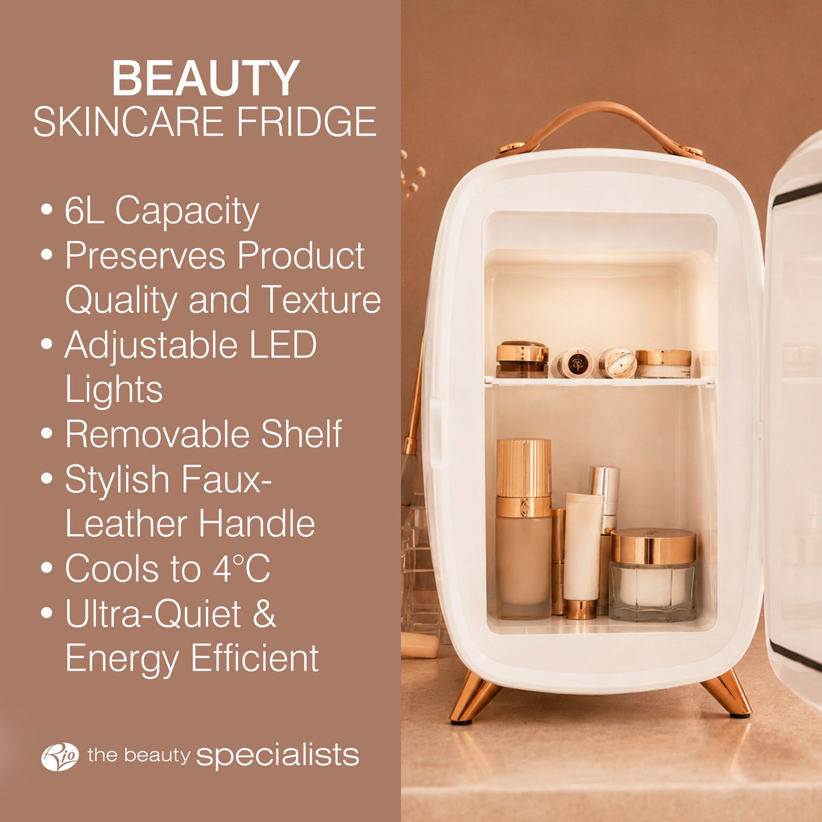 The Rio Beauty Skincare Fridge With Mirror is a compact white fridge designed for beauty creams and cosmetics, featuring a 6L capacity, built-in LED lights, a removable shelf, faux-leather handle, and energy-efficient cooling—perfect for keeping your favorite products chilled and organized.