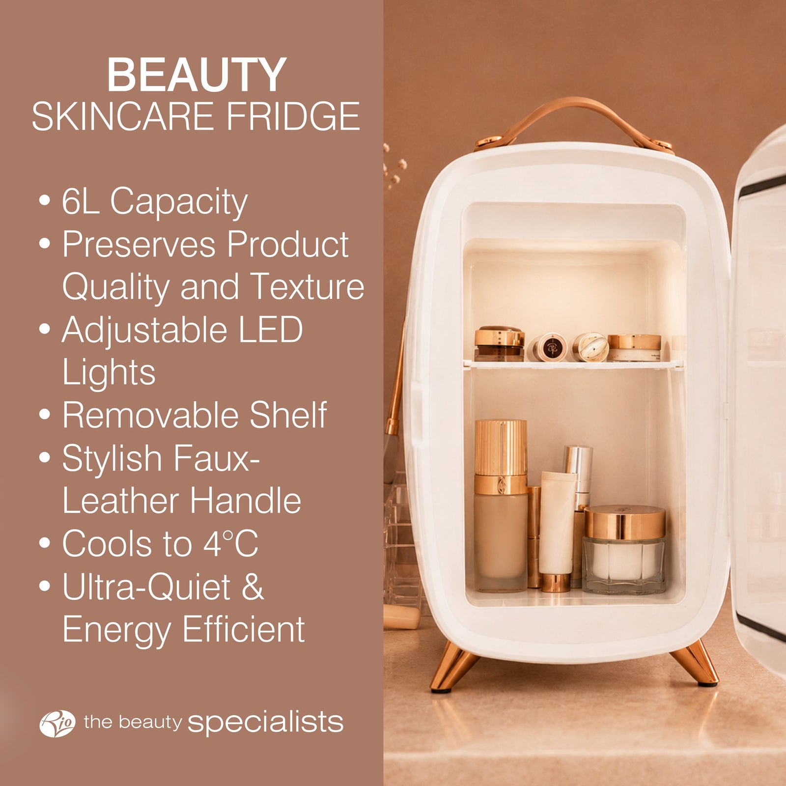 The Rio Beauty Skincare Fridge With Mirror is a compact white fridge designed for beauty creams and cosmetics, featuring a 6L capacity, built-in LED lights, a removable shelf, faux-leather handle, and energy-efficient cooling—perfect for keeping your favorite products chilled and organized.