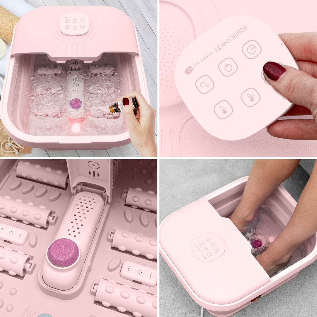 A four-panel image features the Rio Deluxe Foldaway Foot Spa Bath in pink: adding essential oil, pressing buttons, a close-up of textured rollers, and feet soaking in warm, bubbling water for a luxurious treatment.