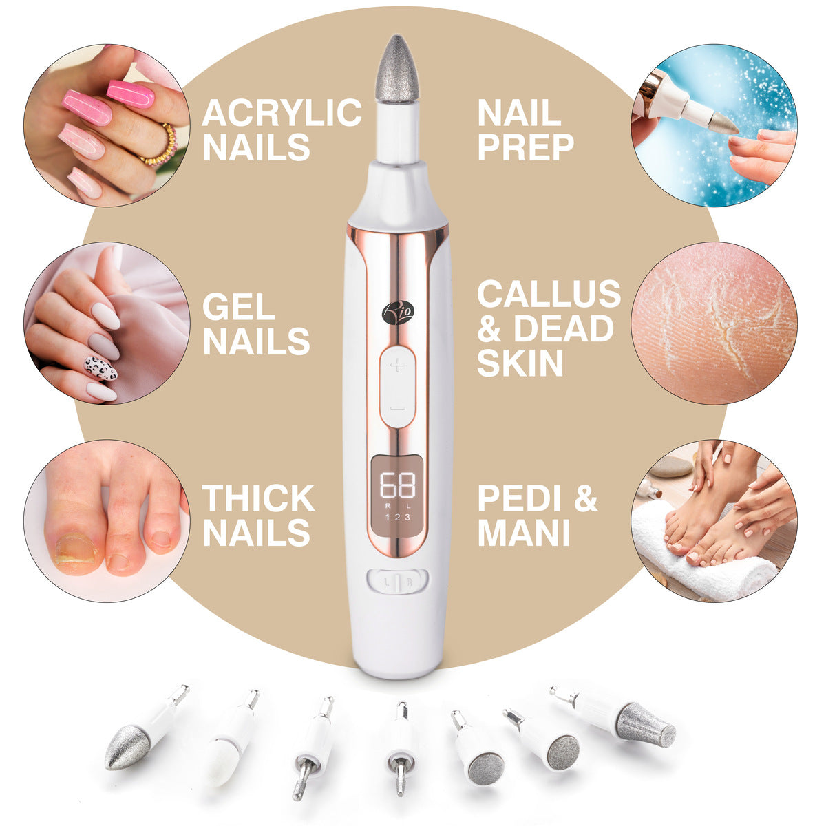 The Rio Precision Pro Electric Nail File set with display and multiple attachments is shown with labeled uses: acrylic, gel, and thick nails, nail prep, callus & dead skin removal, pedi & mani—plus close-up images for each step.