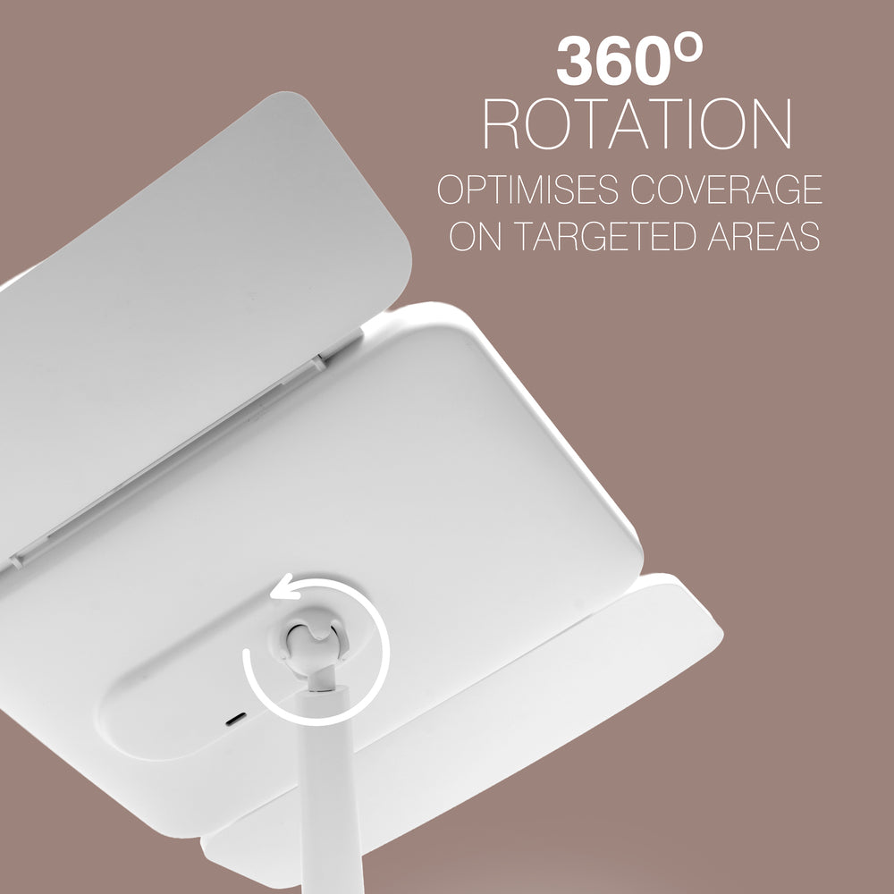 The Rio Radiance Light Therapy Panel is shown from below, displaying its adjustable panels and 360° rotation for advanced skincare. Text on the image states: 360° Rotation Optimises coverage on targeted areas for radiant skin.