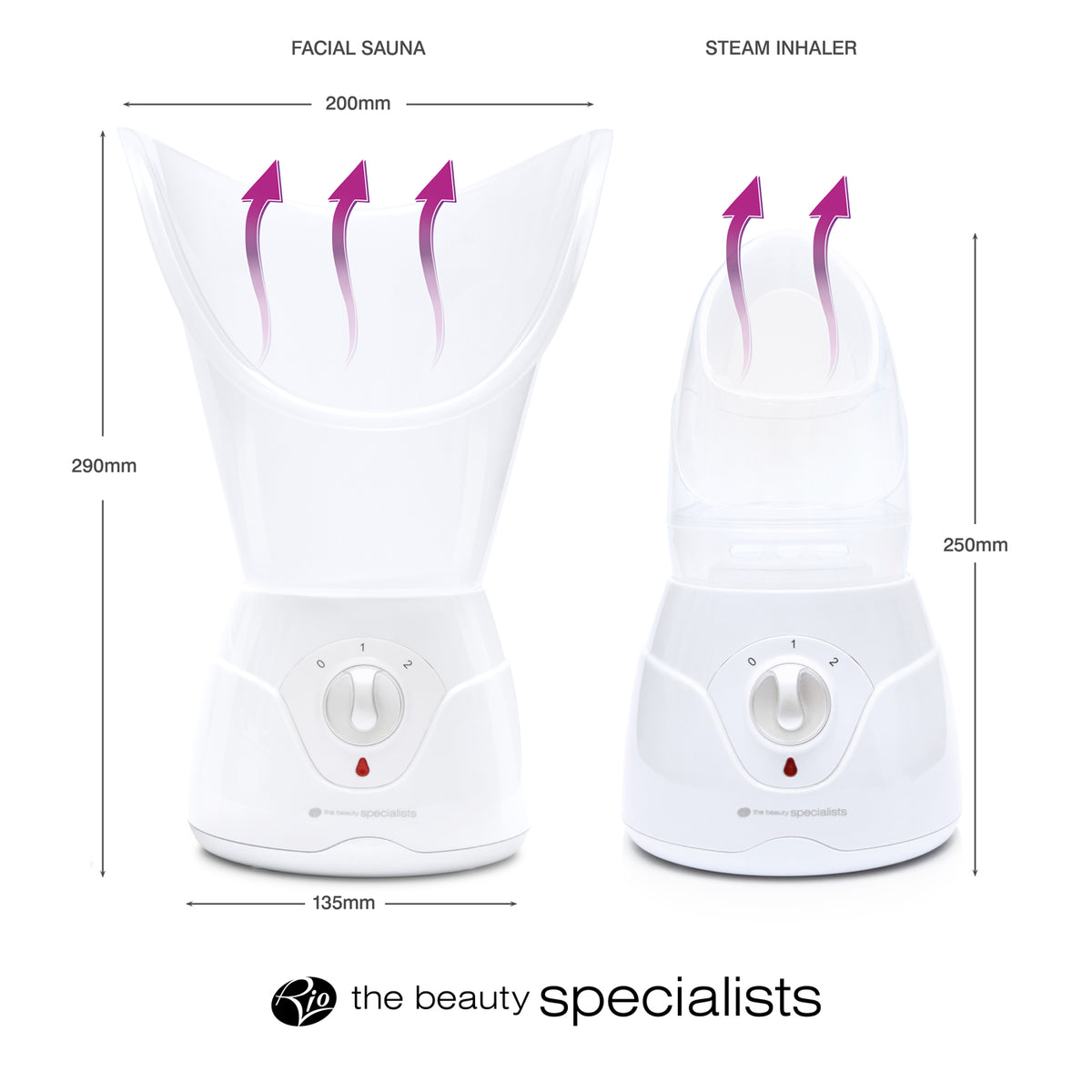 The Rio Facial Sauna Skincare with Steam Inhaler is shown: the facial sauna (290mm x 200mm) and steam inhaler (250mm x 135mm), both in white, release purple steam. The Beauty Specialists logo appears below—ideal for at-home facial treatments.