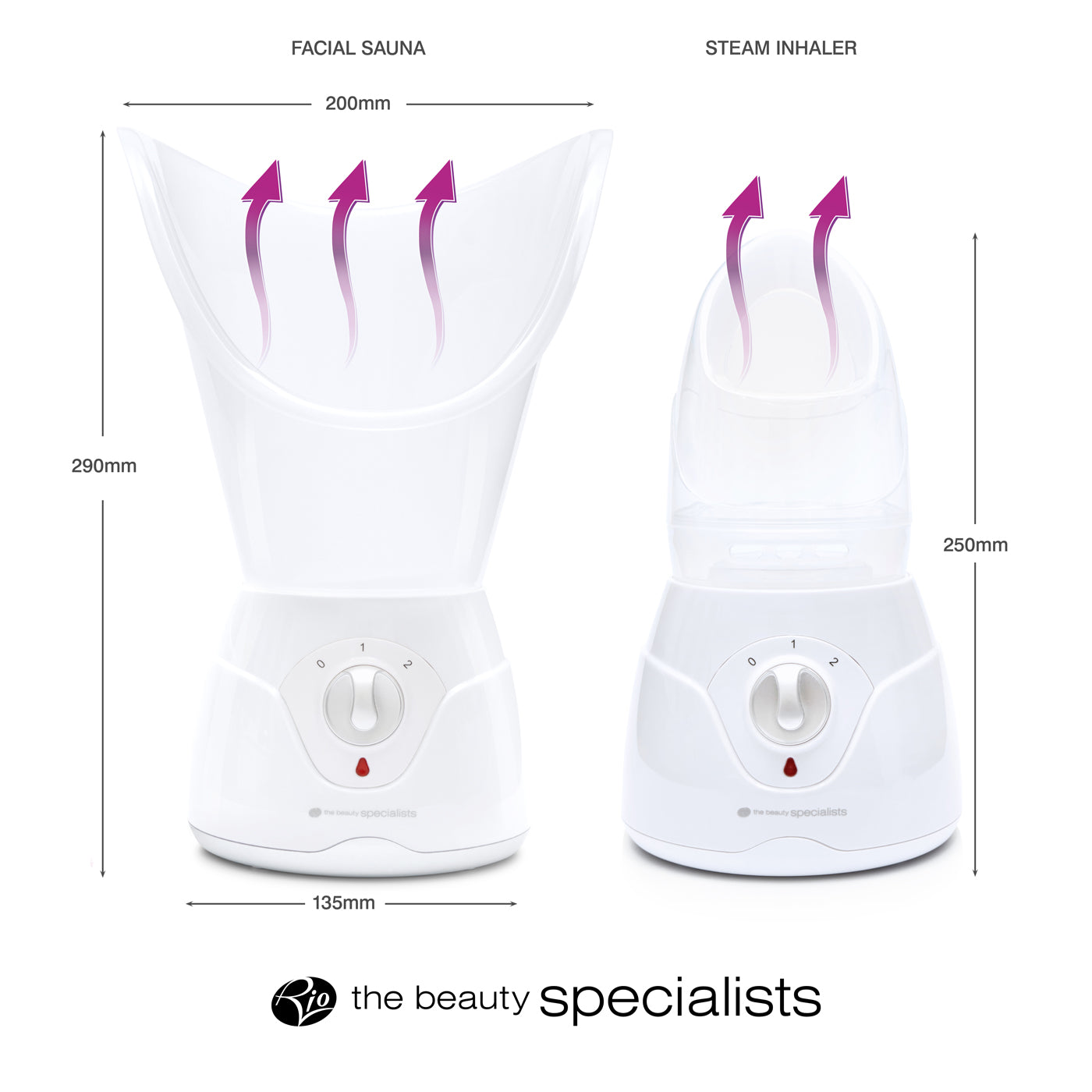 The Rio Facial Sauna Skincare with Steam Inhaler is shown: the facial sauna (290mm x 200mm) and steam inhaler (250mm x 135mm), both in white, release purple steam. The Beauty Specialists logo appears below—ideal for at-home facial treatments.