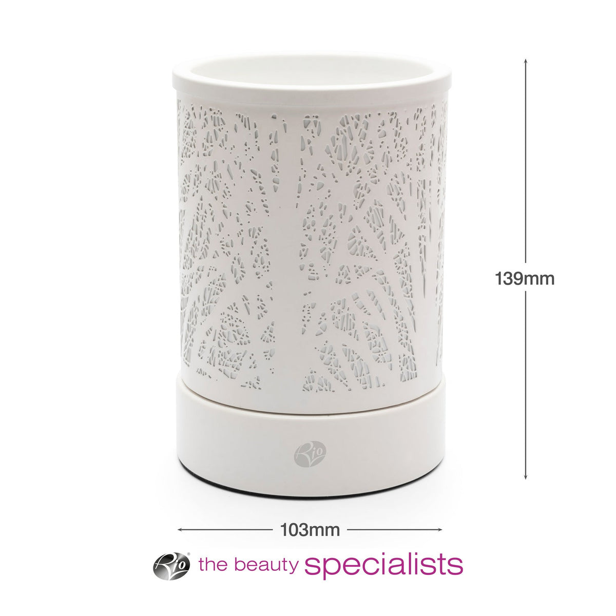 The FORA Wax Melt Burner & Aroma Diffuser Lamp by Rio features a white cylindrical design with a cut-out tree pattern, measuring 139mm tall and 103mm wide—perfect for relaxing in style.