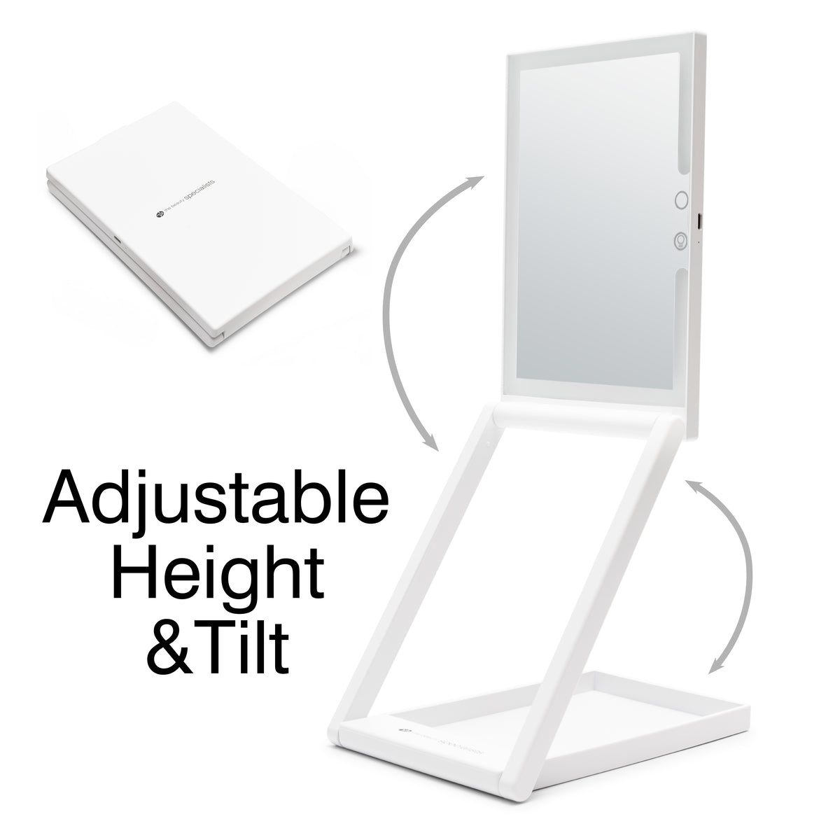 The Rio Home & Away Dressing Table Make Up Mirror, shown upright and flat, features adjustable height and tilt for the perfect view. Arrows indicate its customizable stand. Text reads: Adjustable Height & Tilt.