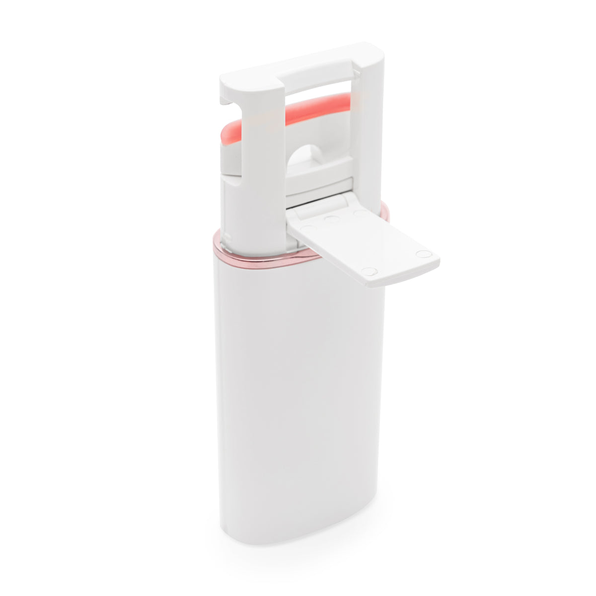 The Rio WOW Lash Heated Eyelash Curler is a white, rectangular beauty device with a hinged handle and a partially open flat flap on the front, designed to help you achieve beautiful lashes. Shown against a plain white background.