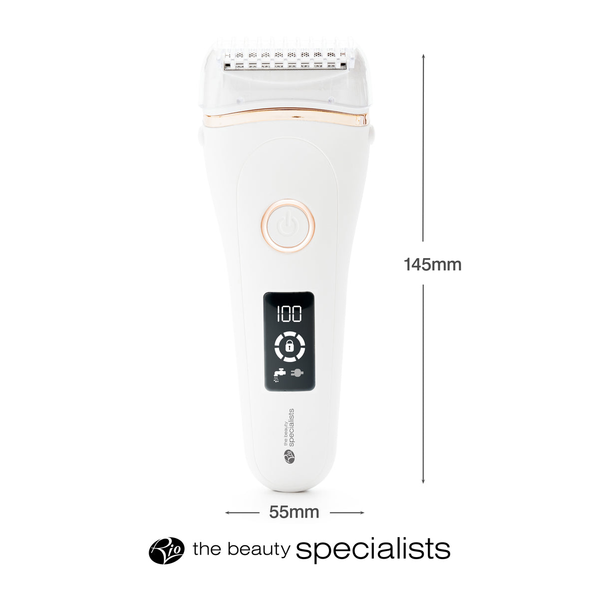 The Rio GO SMOOTH Wet and Dry Lady Shaver is a white handheld beauty device with a digital display, power button, and wide head—ideal for daily skincare. Sized 145mm x 55mm. The Beauty Specialists logo appears at the bottom of the image.