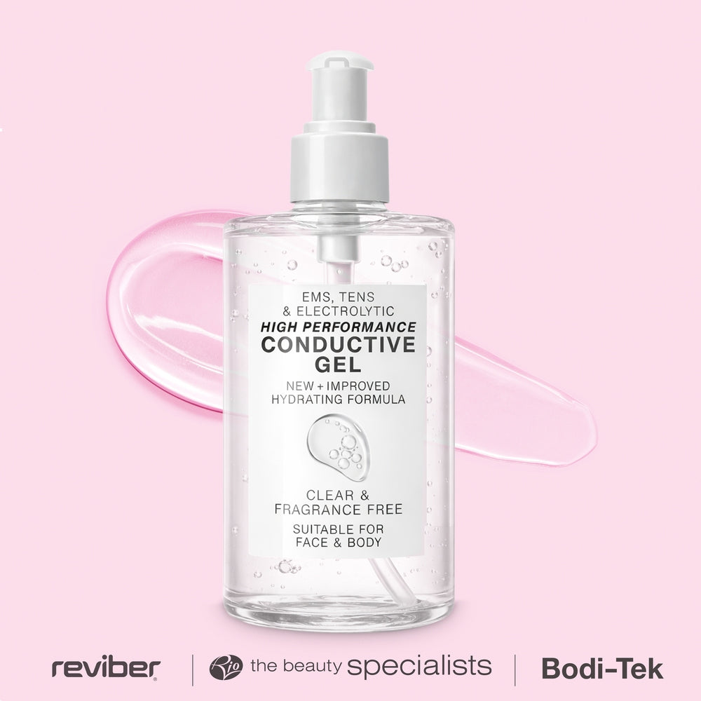 A clear pump bottle of Rio EMS, TENS, Electrolytic and Micro-Current Toning Conductive Gel (2x250ml) sits before a pink backdrop with gel smeared behind it. The hydrating, fragrance-free formula suits face and body use. Reviber, Beauty Specialists, and Bodi-Tek logos below.