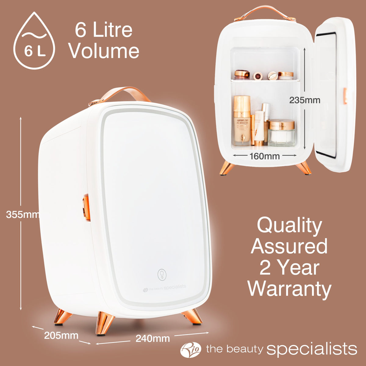 The Rio Beauty Skincare Fridge With Mirror in white features stylish rose gold accents and opens to reveal skincare products and cosmetics neatly arranged inside. Dimensions and a 6-liter volume are clearly labeled, providing optimal chilled storage for your favorite creams. Text highlights “Quality Assured 2 Year Warranty” from the beauty specialists.