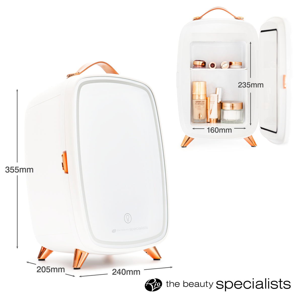The Rio Beauty Skincare Fridge With Mirror is a compact white fridge with rose gold accents, measuring 355mm x 240mm x 205mm, ideal for chilling creams and cosmetics. The open door displays shelves of skincare items and the Rio logo at the bottom.