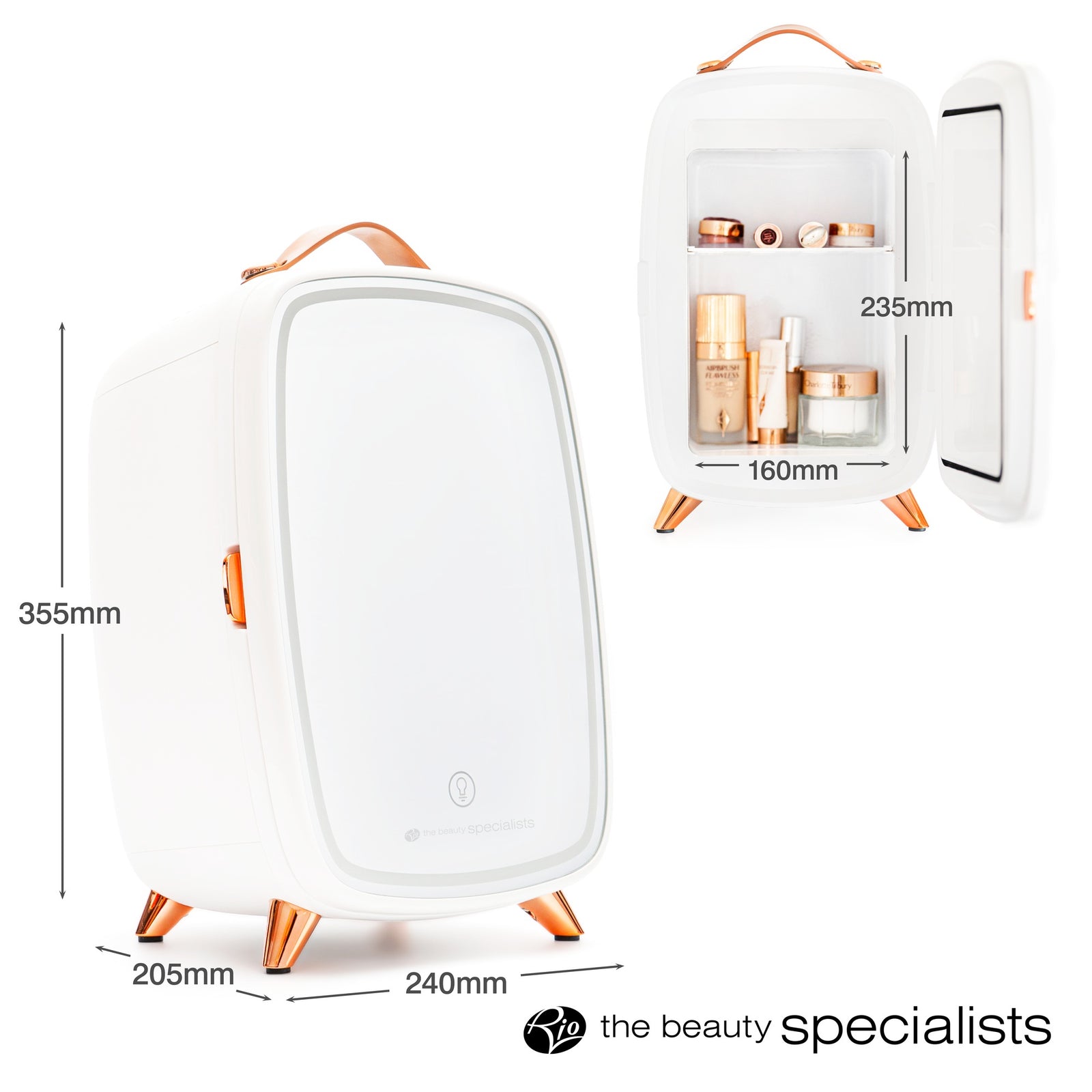 The Rio Beauty Skincare Fridge With Mirror is a compact white fridge with rose gold accents, measuring 355mm x 240mm x 205mm, ideal for chilling creams and cosmetics. The open door displays shelves of skincare items and the Rio logo at the bottom.