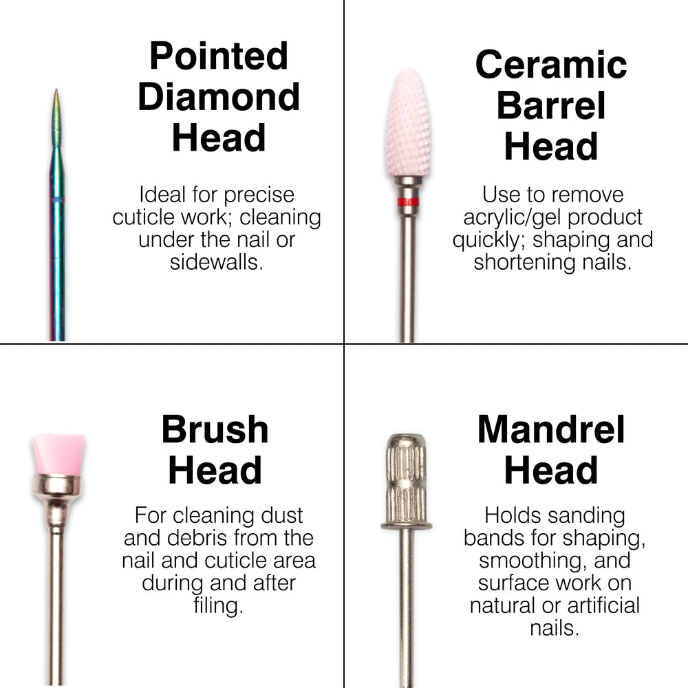 A four-quadrant chart showcases the Rio Salon Pro Electric Nail File & Drill’s bits: pointed diamond, ceramic barrel, brush, and mandrel heads, each ideal for salon-quality care or the dedicated DIY enthusiast.