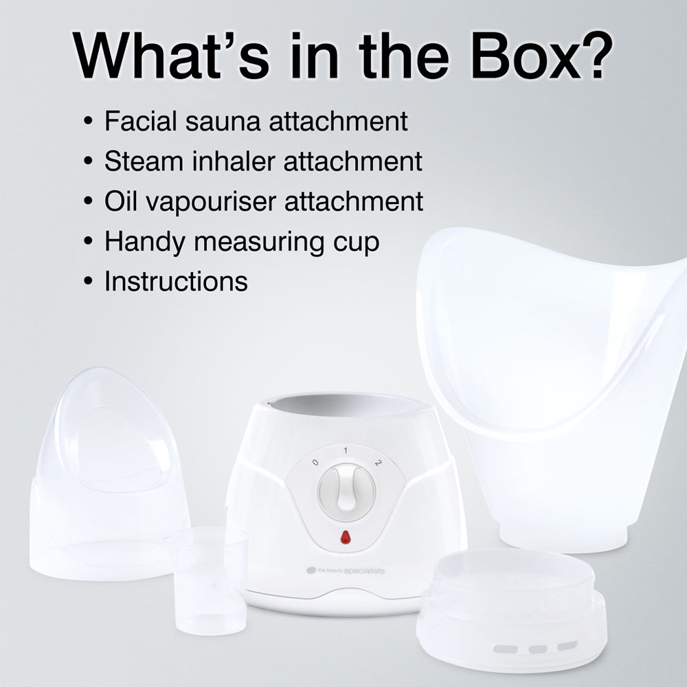 The Rio Facial Sauna Skincare with Steam Inhaler includes a facial sauna mask, steam inhaler, oil vaporizer, measuring cup, and instructions—shown on a light background with contents listed above. Ideal for versatile at-home skincare.